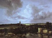 an extensive landscape with a ruined castle and a village church Jacob van Ruisdael